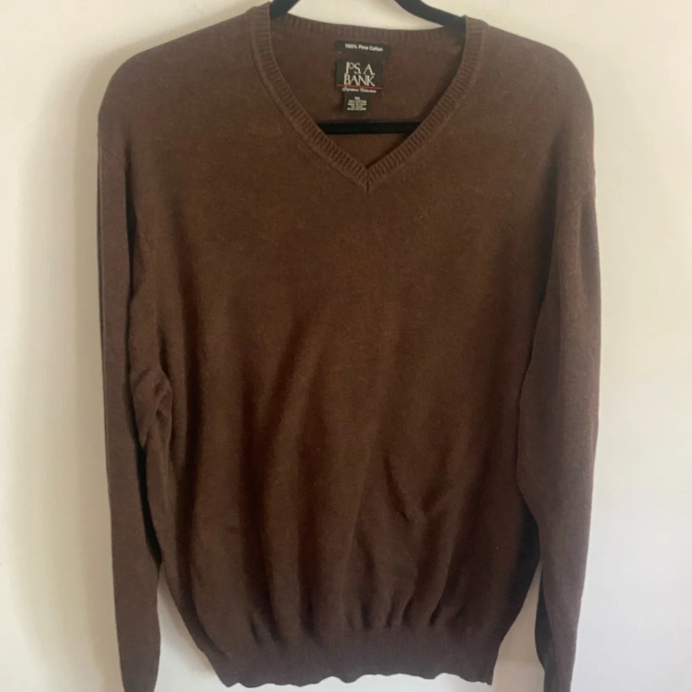 Jos. A. Bank Men's 100%‎ Pima Cotton Brown V-Neck Sweater Preppy Academia